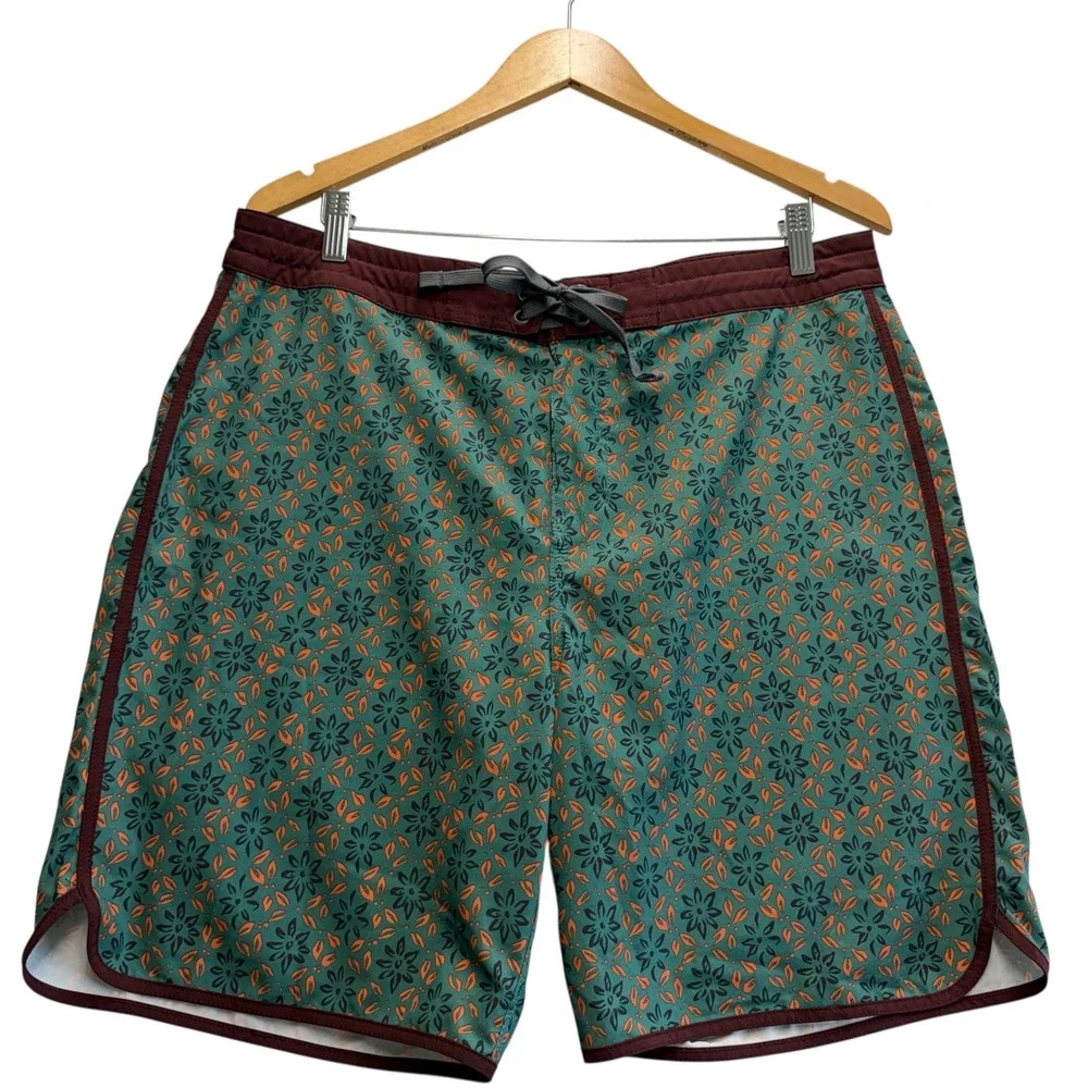 Prana Mens Floral Board Shorts Teal Orange Burgundy 34 Stretch Swim Trunks #563